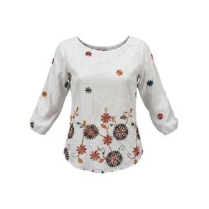 Embroidered White Floral Blouse 3/4 Sleeve Boho Peasant Cottagecore Top